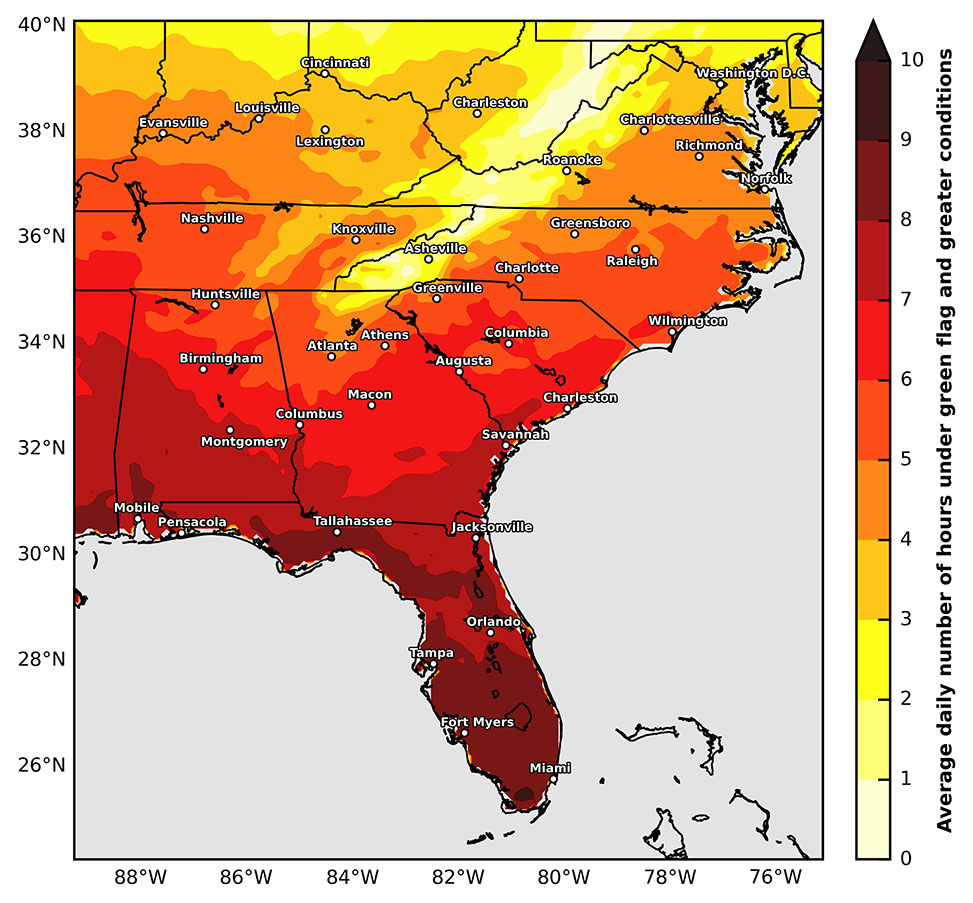 map showing the average annual precipitation in the Carolinas (using radar enhanced data)
