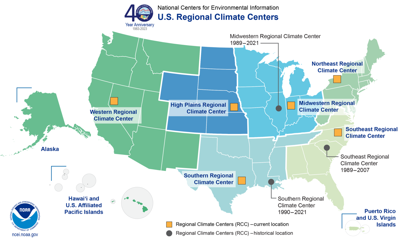 Map showing the different regional climate centers in the USA