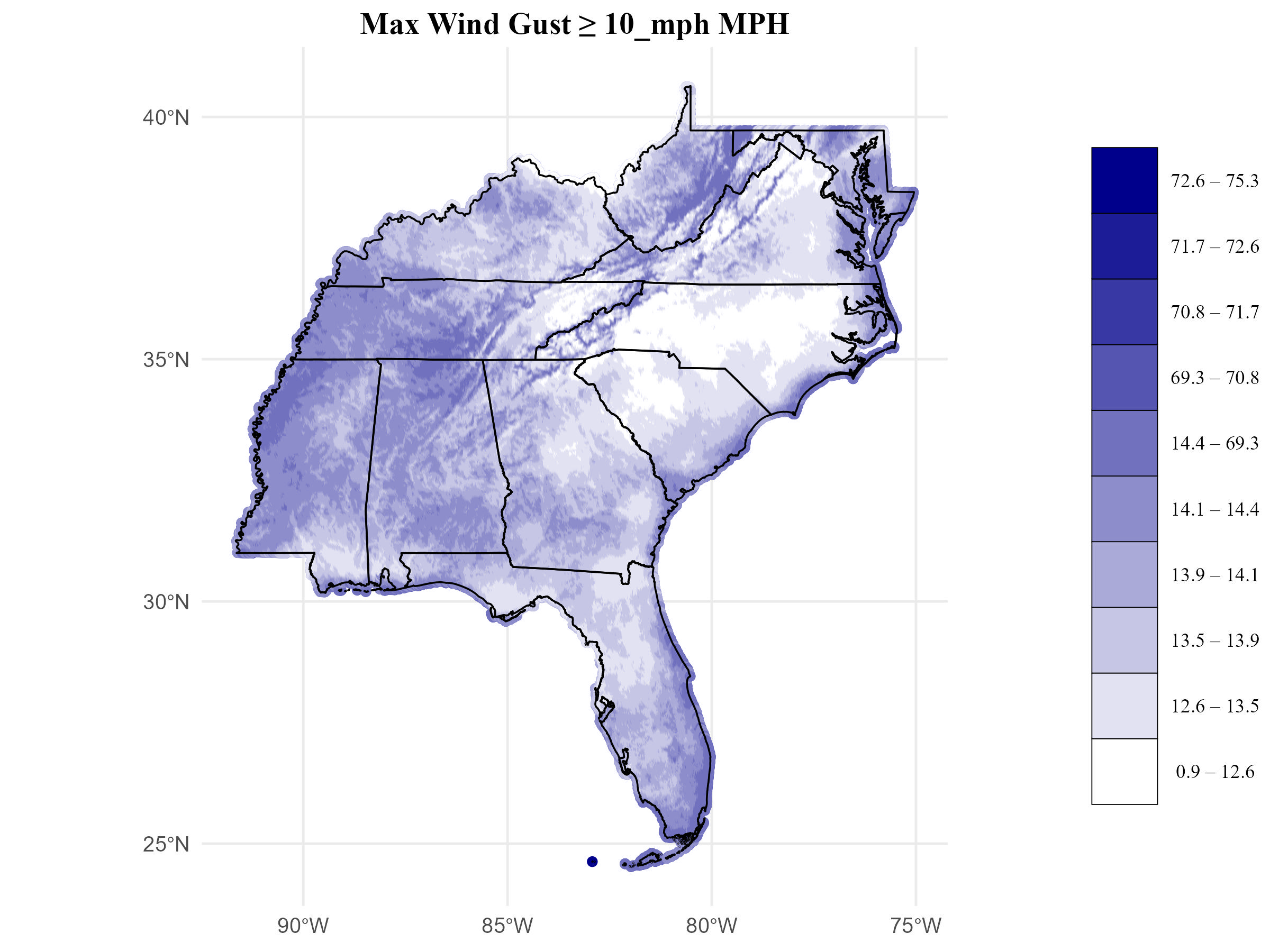 seasonal frequency map (max wind gusts)