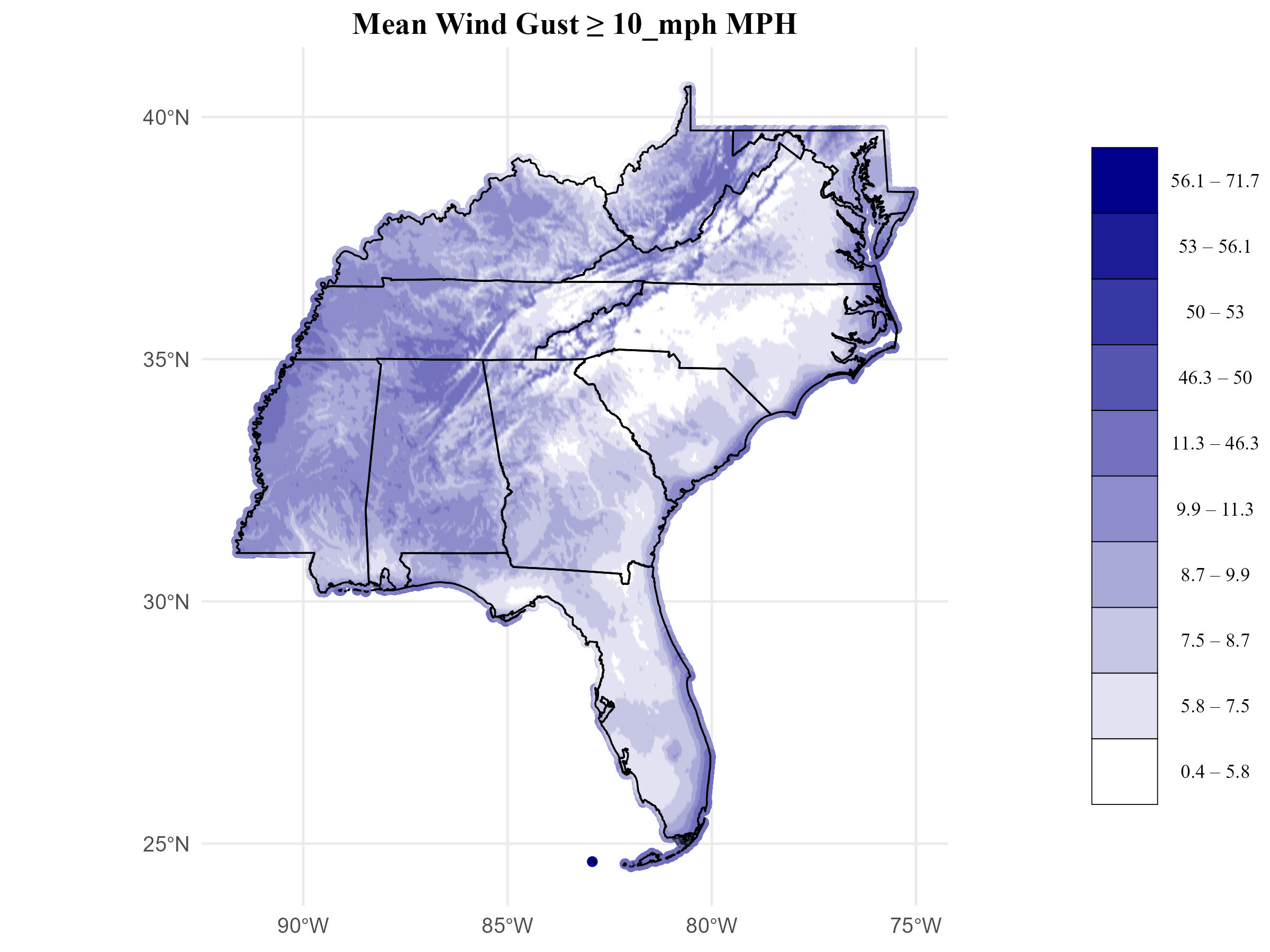 seasonal frequency map (mean wind gusts)