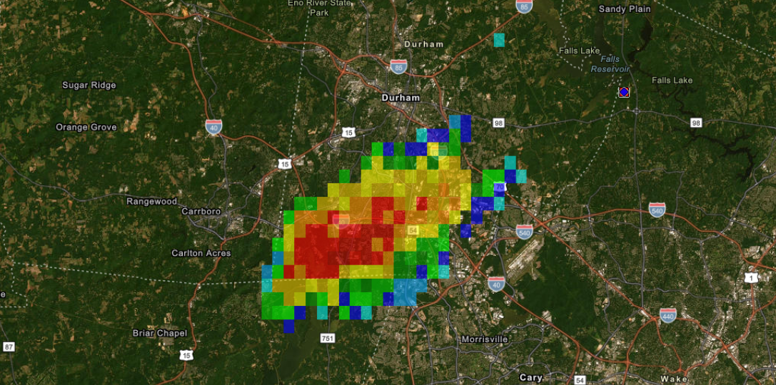 Map showing radar composite of a storm that passed Durham on September 25th.